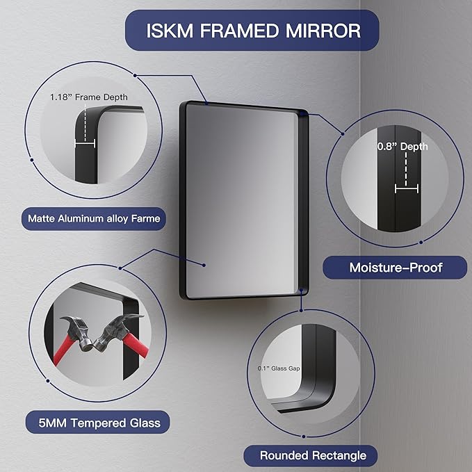 ISKM Silver Framed Mirror for Wall 24"x 32", Bathroom Vanity Mirror Anti-Rust, Tempered Glass, Rounded Rectangle Mirror(Horizontal/Vertical)