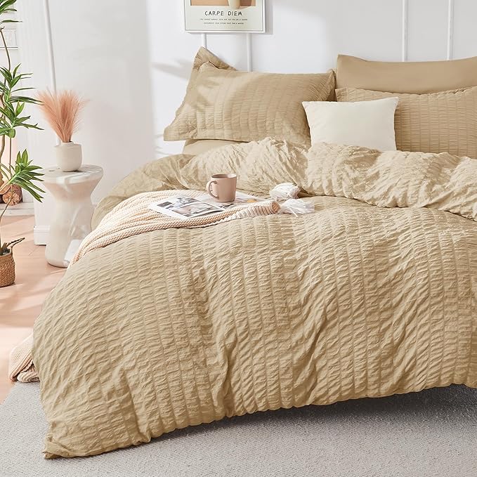 HYMOKEGE Khaki Twin XL Comforter Set Seersucker 5 Pieces, All Season Luxury Bed in a Bag for Bedroom, Bedding Set with Comforter, Sheets, Pillowcase & Sham