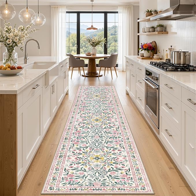 PLHXFR 3x10 Washable Runner Rug：Floral Indoor Kitchen Carpet Pink Green | by PLHXFRSoftAreaRugs