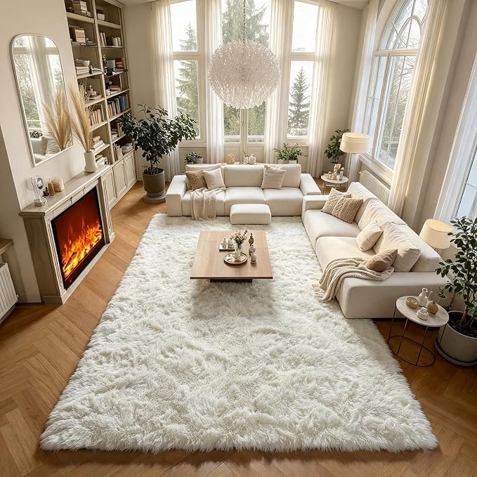 Cream White 8x10 Area Rugs for Living Room, Large Fluffy Shag Bedroom Rug by ONASAR
