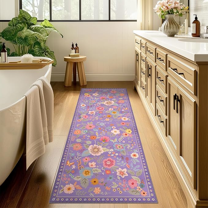 Floral Washable 2x6 Area Rugs Runner Entryway Hallway Purple/Pink | Flower - Image 6