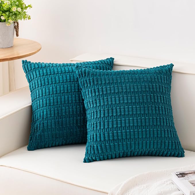 Pack of 2 Corduroy Decorative Throw Pillow Covers 18x18 Inch, Turquoise | Fall by Unknown