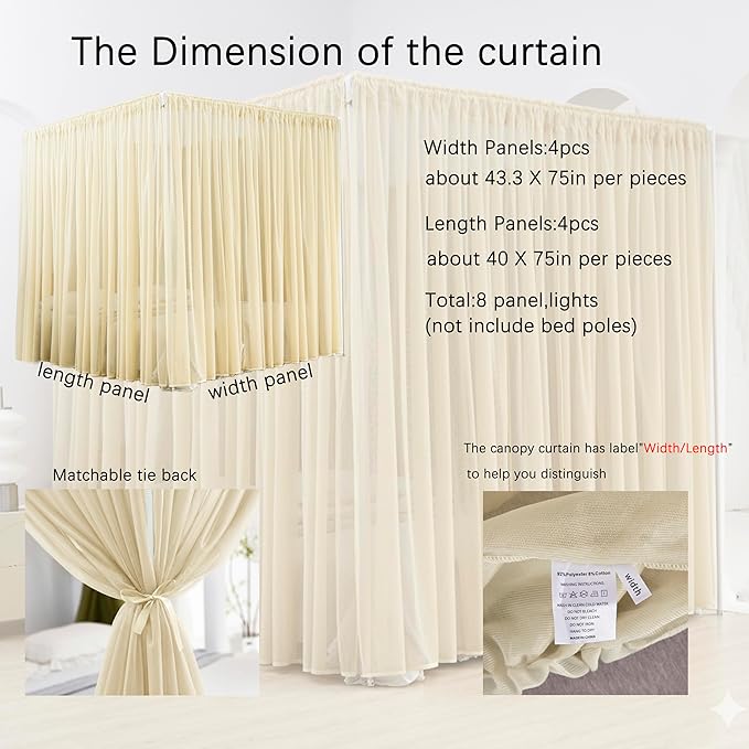 Akiky Canopy Bed Curtains 8 Panel Bed Curtains Drapes for King Size Bed Sheer Canopy Bed Drapes with Lights(Khaki)