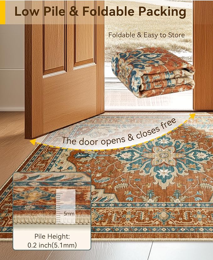 RELEANY Washable Area Rug, Water Repellent, Pet Friendly, Vintage Floral Boho - Image 5