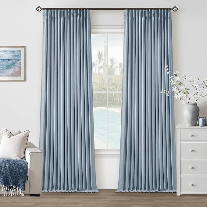 Dusty Blue Pinch Pleat 100% Blackout Linen Bedroom Curtains 96 Inch Length | by Twodrapes