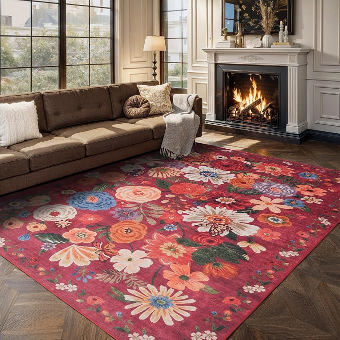 Red Garden Floral Area Rug 9x12 - Image 6