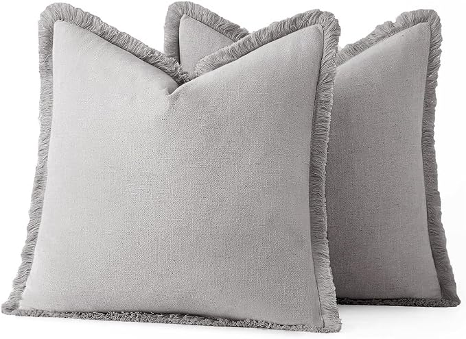MIULEE Boho Linen Fringe Decorative Throw Pillow Covers Light Grey 20x20 | Set - Image 6