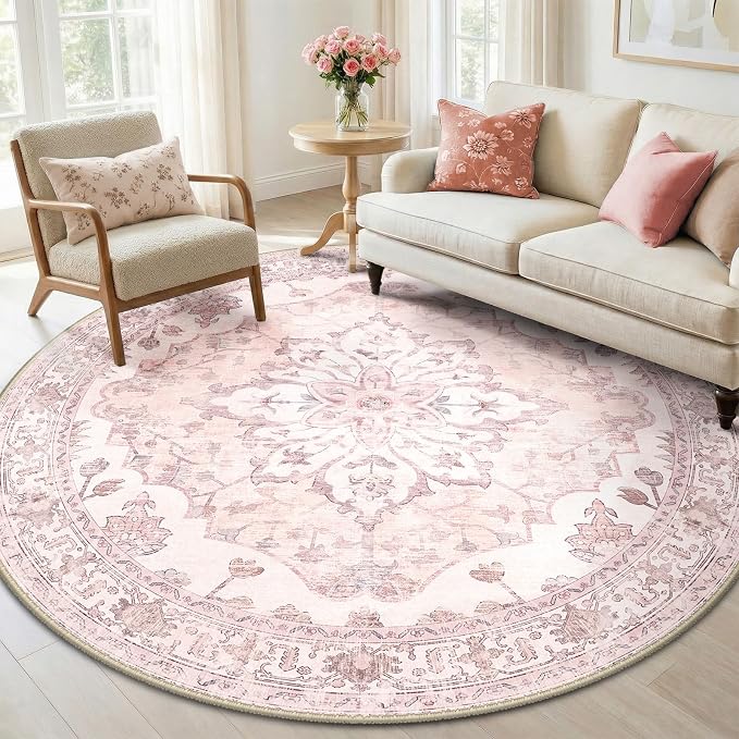 RELEANY Washable Area Rug, Round 6ft, Water Repellent, Pet Friendly, Vintage by RELEANY