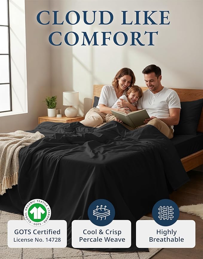 LANE LINEN 100% Organic Cotton Bed Sheets Extra Long Twin, Soft & Comfy Fully Elasticized Percale Perfect for Hospital Bed & Dorm Room, Low Pilling Machine Washable Twin XL Sheet- Black