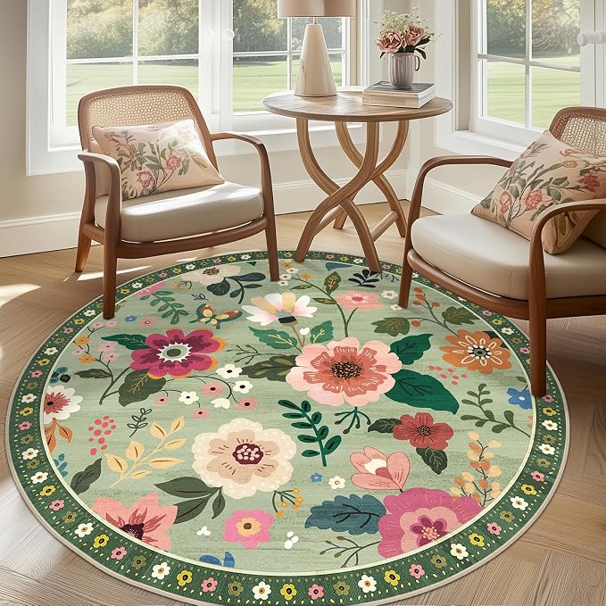 RELEANY Floral Washable Round 6ft Area Rug LightGreen | Flower Carpet Print by RELEANY