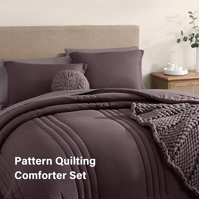 Monbix Queen Comforter Set - 7 Pieces ltalian Plum Bed in a Bag Queen Bedding Sets with Comforters, All Seasons Down Alternative Comforter Bed Set with Sheets,Pillowcases & Shams