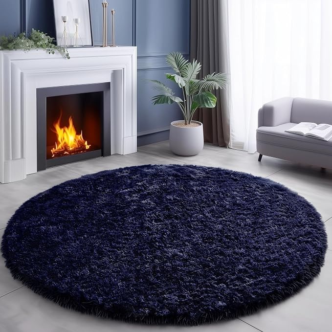 Amdrebio Dark Navy Blue Round Rug 4Ft - Image 8