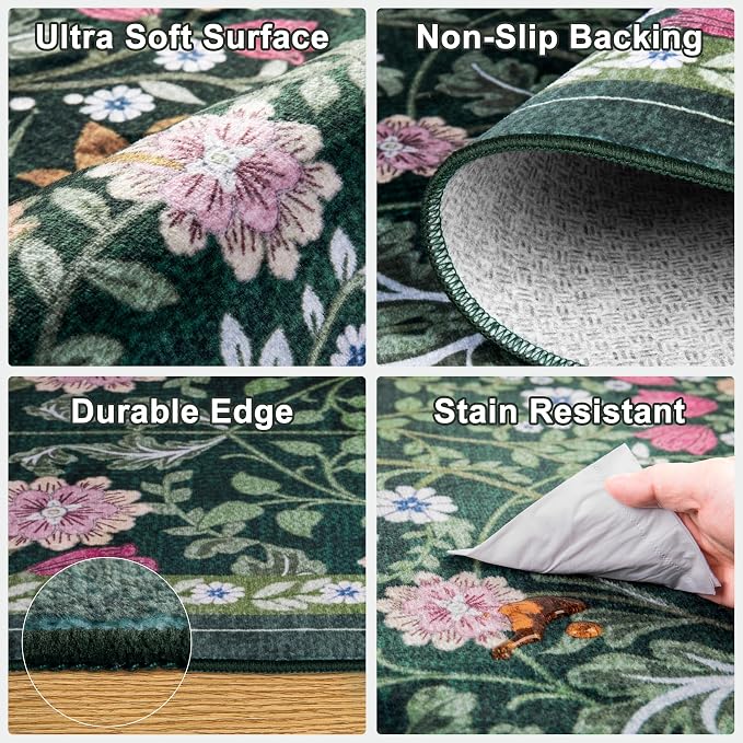 PLHXFR Area Rug Living Room: 3x5 Floral Washable Boho Carpet Dark Green | - Image 7