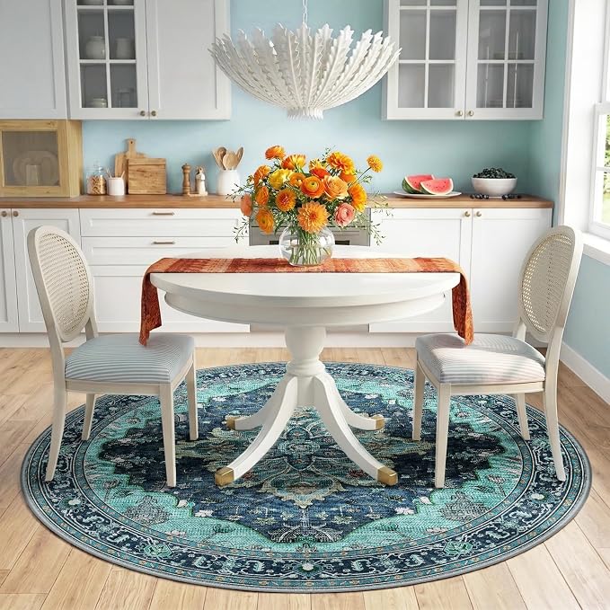 RELEANY Washable Area Rug, Round 6ft, Teal | Non-Slip, Water Repellent - Image 2