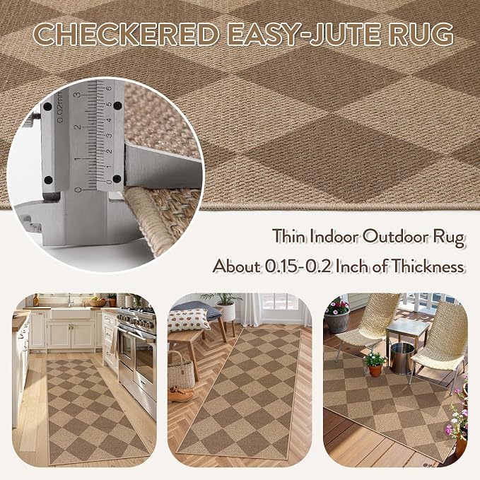 Lahome Checkered Easy Jute Outdoor Runner Rug, 2x6 Kitchen Rugs Washable | - Image 4