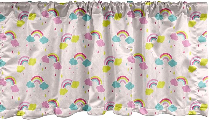 Ambesonne Cartoon Window Valance Pack of 2, Pastel Rainbows Clouds Raindrops Sky Theme, Rod Pocket Curtain Valances for Kitchen Bedroom, 54" X 12", Rose and Multicolor