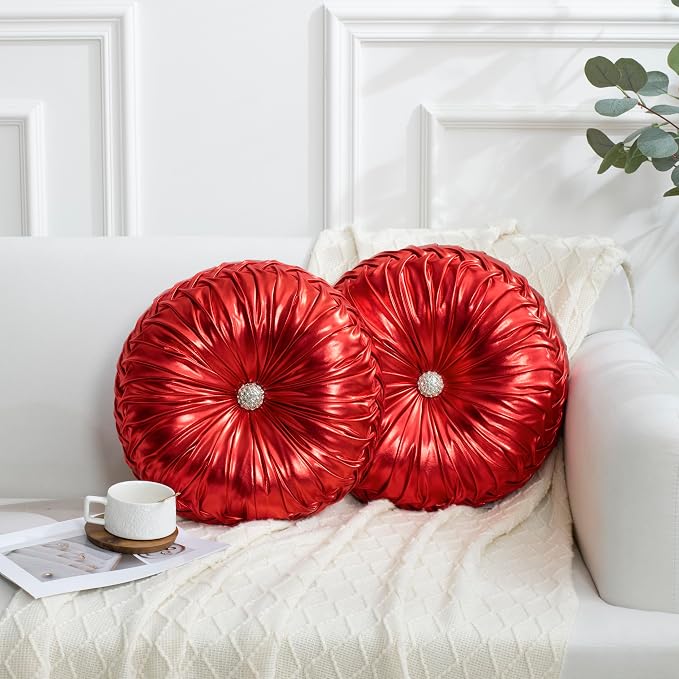 HIG Set of 2 Red Metallic Leather Decorative Round Pleated Throw Pillows | by HIG