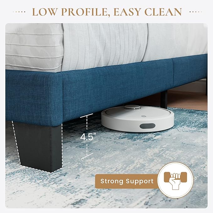 SHA CERLIN Full Platform Bed Frame with Upholstered Fabric Headboard, Mattress Foundation with Strong Wooden Slats Support, No Box Spring Needed, Blue