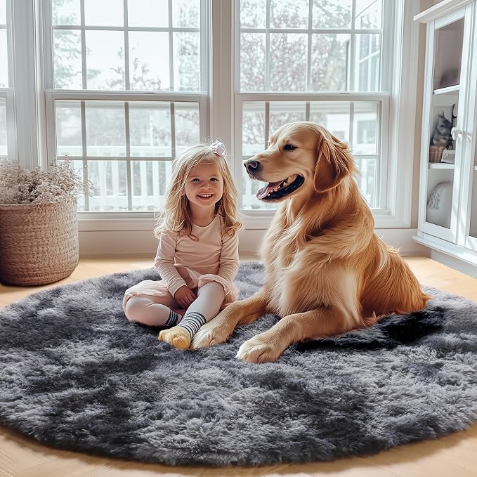 Round Rugs 6ft for Living Room Bedroom, Tie-Dyed Dark Grey Fluffy Circle Area - Image 6