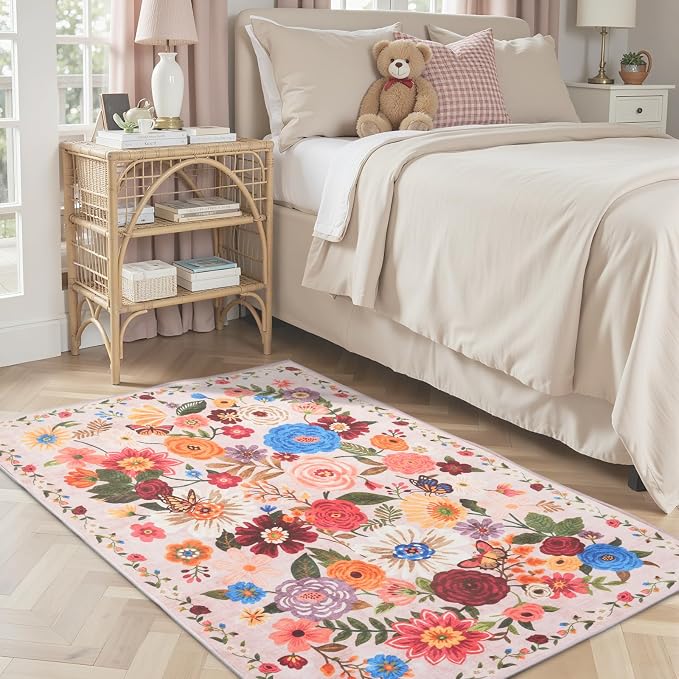 Blush Floral Entryway 3x5 Rug for Bathroom Bedroom Washable Rug | Non Slip Soft by WelcometoBabovid