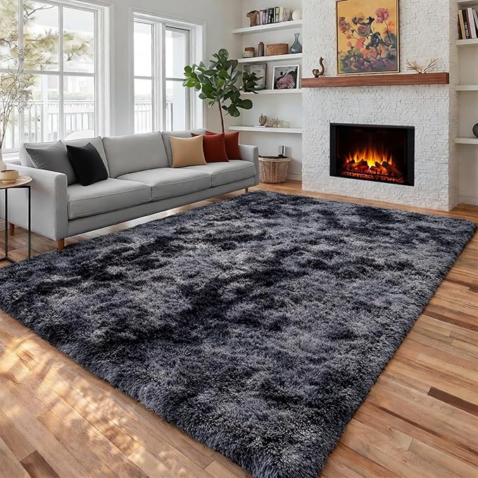 Abstract Fluffy Shaggy Rugs for Living Room Kids Room 5x8 Ft, Tie-Dyed Grey | by PAGISOFE