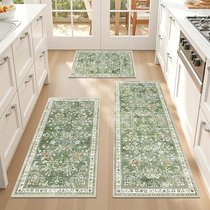 Yamaziot 2x3+2x4+2x5Ft Washable Kitchen Rug Set of 3 Non Slip, Sage Green | - Image 2