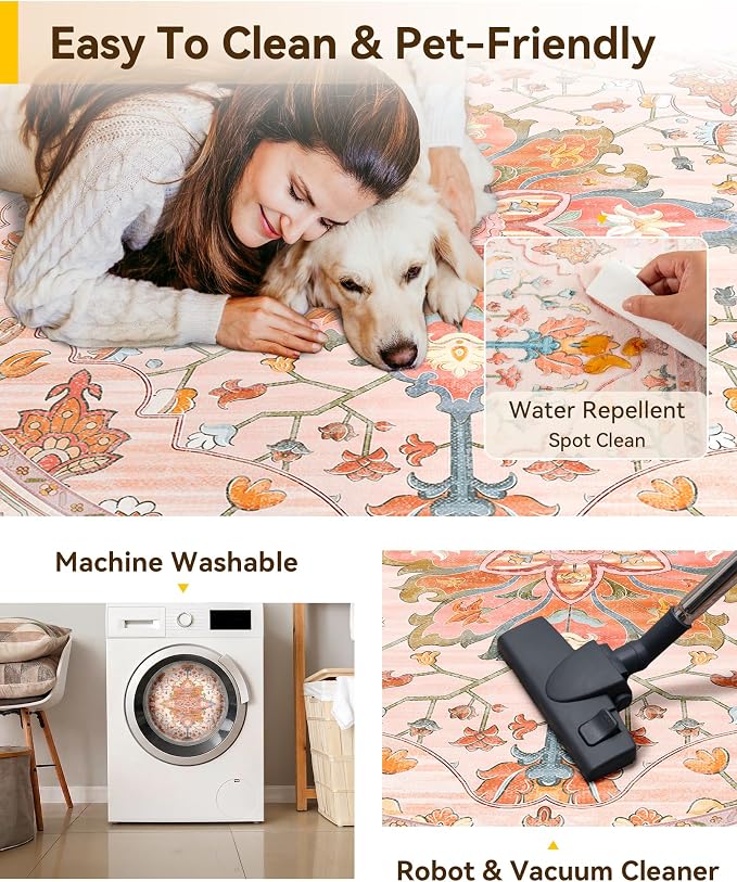 RELEANY Washable Area Rug, Round 8ft, Water Repellent, Pet Friendly, Vintage - Image 4