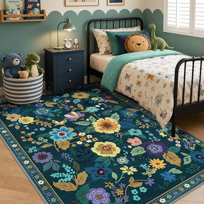 RELEANY Floral Washable 5x7 Area Rugs Teal/Purple | Flower Carpet Print Boho - Image 2