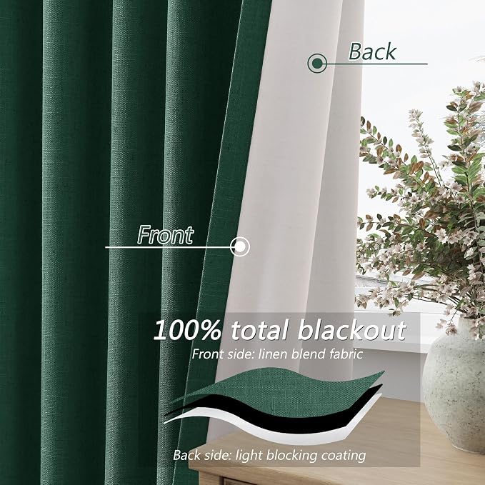 Dark Green 100% Blackout Curtains 96 Inch Length 2 Panels Set - Image 4