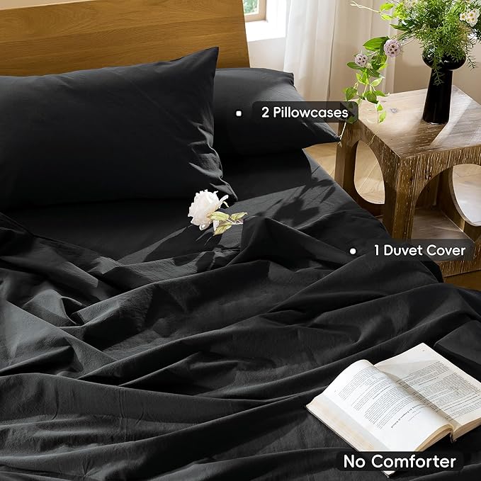 MooMee Bedding Duvet Cover Set 100% Washed Cotton Linen Like Textured Breathable Durable Soft Comfy (Solid Black, Palatial King/Oversized King 120"x98")