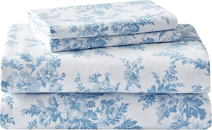 Laura Ashley - Flannel Sheets Queen Size, Anti-Pilling & Wrinkle Resistant Cotton, Touchably Soft for All-Season Comfort - Bed Sheets with Matching Pillowcases & Fitted Sheet (Vanessa Blue)