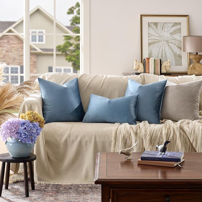 GIGIZAZA Stone Blue Velvet Throw Pillow Covers 12x20 Pack of 2 | Decorative - Image 2