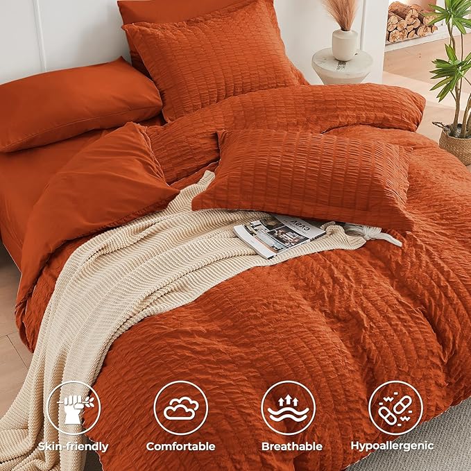 HYMOKEGE Burnt Orange King Size Comforter Set Seersucker 7 Pieces, All Season Luxury Bed in a Bag for Bedroom, Bedding Set with Comforters, Sheets, Pillowcases & Shams