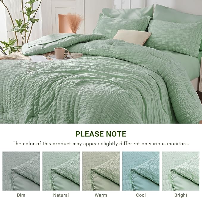 HYMOKEGE Sage Green Full Size Comforter Sets Seersucker 7 Pieces, All Season Luxury Bed in a Bag for Bedroom, Bedding Set with Comforters, Sheets, Pillowcases & Shams