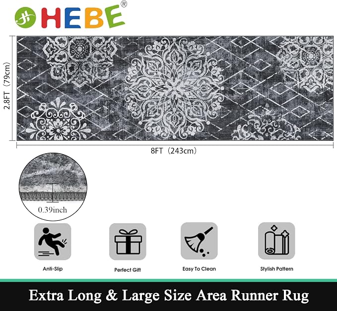 HEBE Hallway Runner Rug 2'8''x8', Washable Non Slip Kitchen Rug Runner | Soft - Image 2