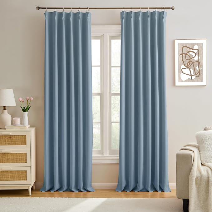 Dusty Blue Pinch Pleated Curtains 120 Inches Long 10 FT Length Room Darkening by KEQIAOSUOCAI