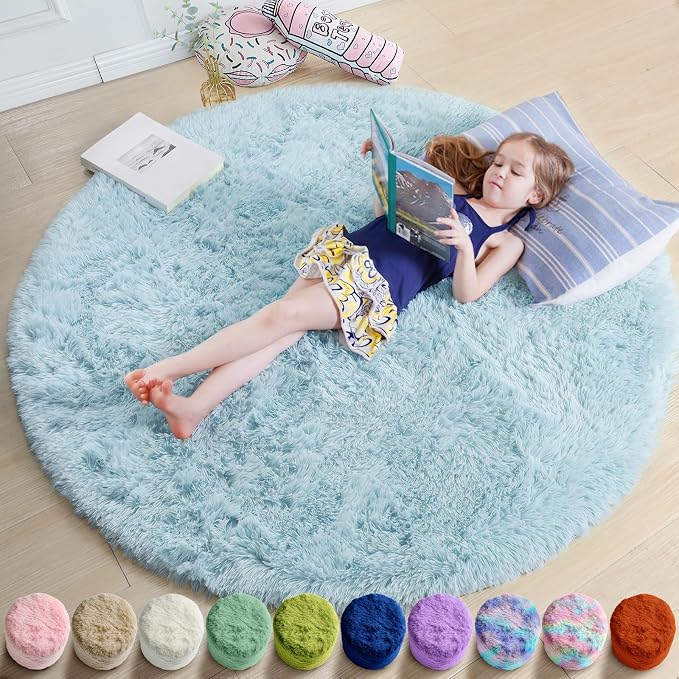 Amdrebio Light Blue Shag Round Area Rug 4Ft by Amdrebio