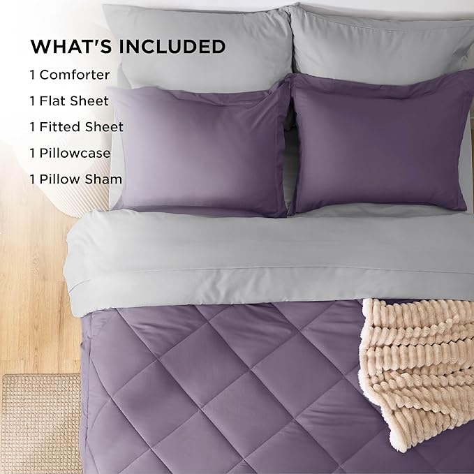 Bedsure Twin Comforter Set - 5 Pieces Reversible Grayish Purple Bedding, Twin Size Bed Set for All Seasons, Bed in a Bag with Down Alternative Comforter, Sheets, Pillowcase & Sham