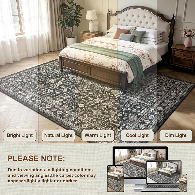 Grey Area Rug 9x12 for Living Room Bedroom | Low Pile; Non Slip;Machine - Image 2