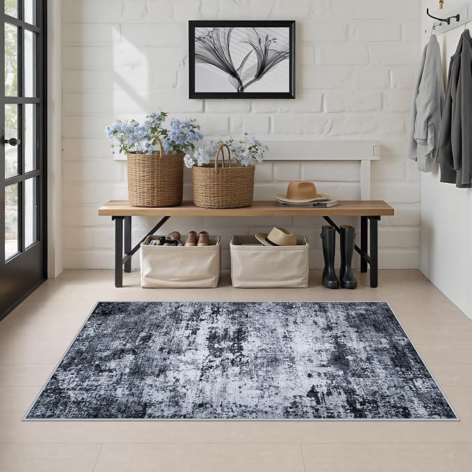 Area Rug Living Room: 3x5 Modern Washable Indoor Carpet Black | - Image 4