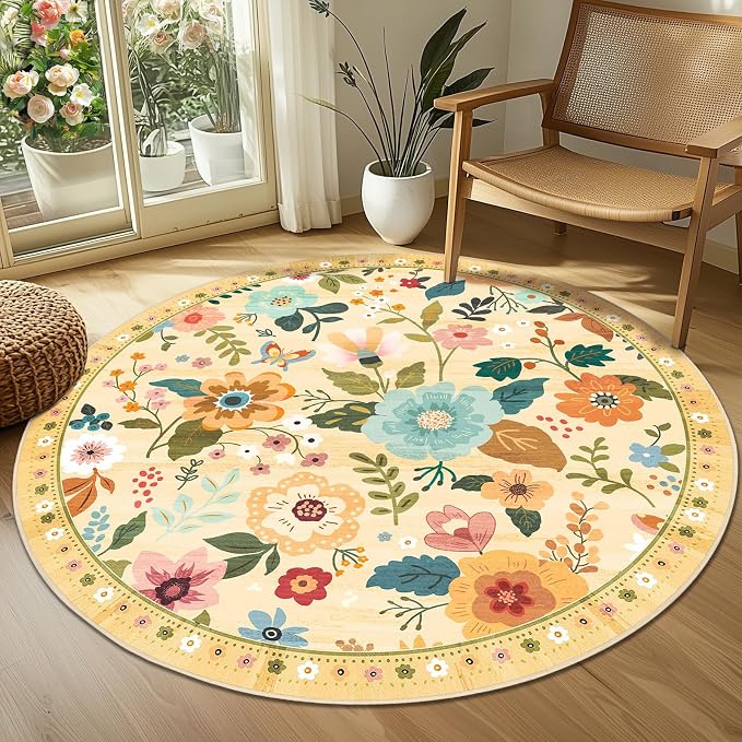 RELEANY Floral Washable Round 4ft Area Rug Ivory/Yellow | Flower Carpet Print - Image 2