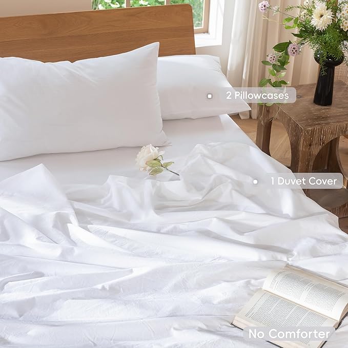 MooMee Bedding Duvet Cover Set 100% Washed Cotton Linen Like Textured Breathable Durable Soft Comfy (Solid Bright White, King 104"x90")