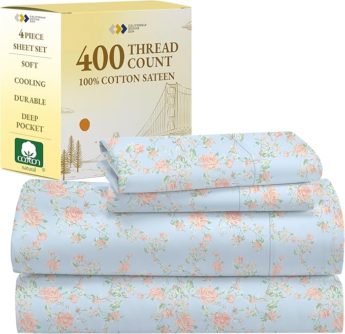 California Design Den Full Size Bed Sheets Set - 400 Thread Count Sateen, Natural 100% Cotton Sheets for Full Size Bed, Deep Pocket Cooling and Durable Bedding Set - Antique Rose