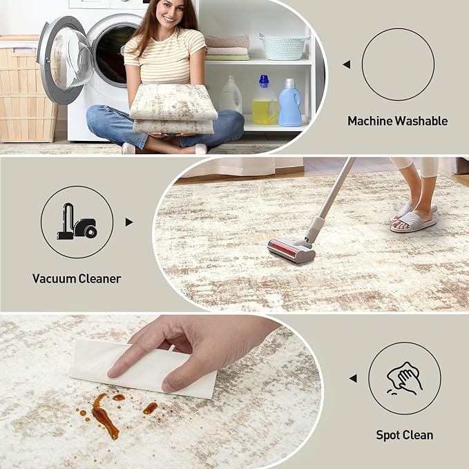 9x12 Area Rugs for Living Room: Washable Abstract Beige Grey Badroom Carpet | - Image 5