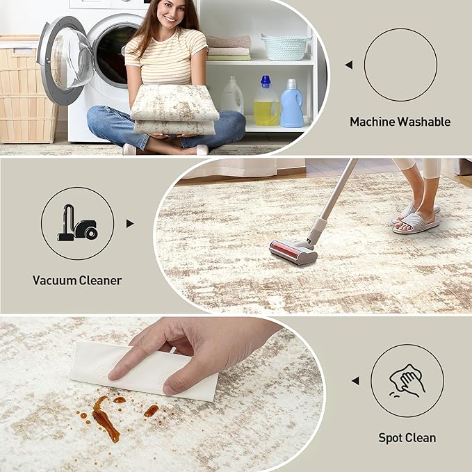 8x10 Area Rugs for Living Room: Washable Abstract Beige Grey Badroom Carpet | - Image 5