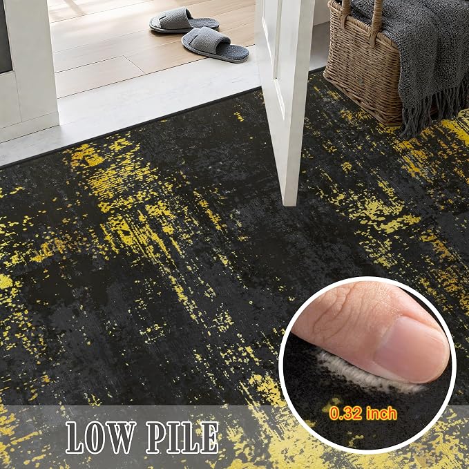 8x10 Area Rug Living Room: Modern Washable Soft Carpet Black Gold | - Image 7