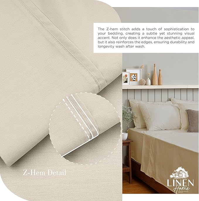 Linen Home 100% Cotton Percale Sheets Queen Size, Light Taupe, Deep Pocket, 4 Pieces Set - 1 Flat, 1 Deep Pocket Fitted Sheet and 2 Pillowcases, Crisp Cool and Strong Bed Linen