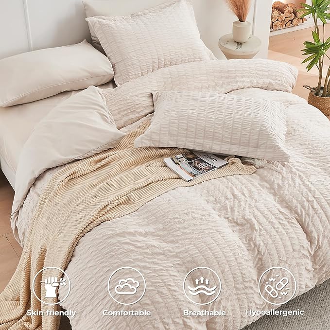 HYMOKEGE Beige Oversized King Comforter Set Seersucker 7 Pieces, All Season Luxury Bed in a Bag for Bedroom, Bedding Set with Comforter, Sheets, Pillowcases & Shams