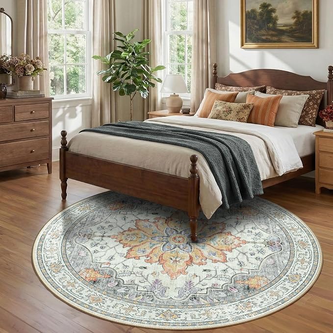 RELEANY Washable Area Rug, Round 8ft, Water Repellent, Pet Friendly, Vintage - Image 3