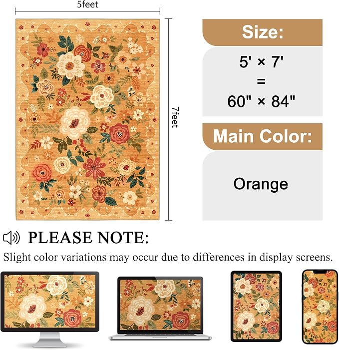 DUKINO 5x7 Area Rugs, Floral Washable Rug - Image 2